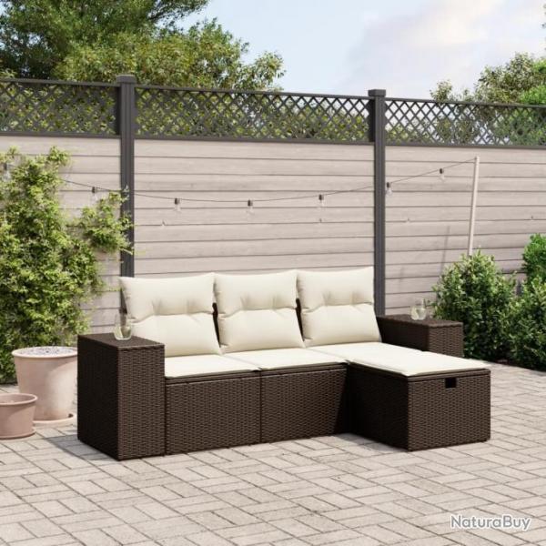 Salon de jardin 4 pcs avec coussins marron rsine tresse