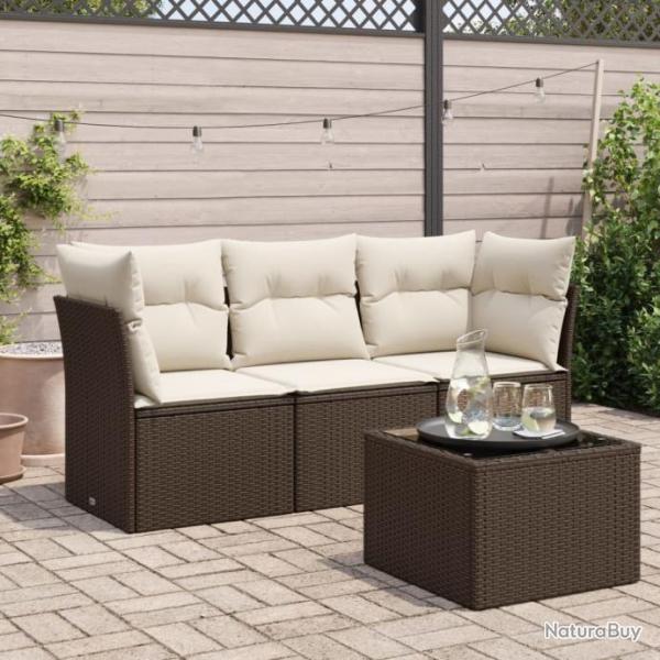 Salon de jardin 4 pcs avec coussins marron rsine tresse