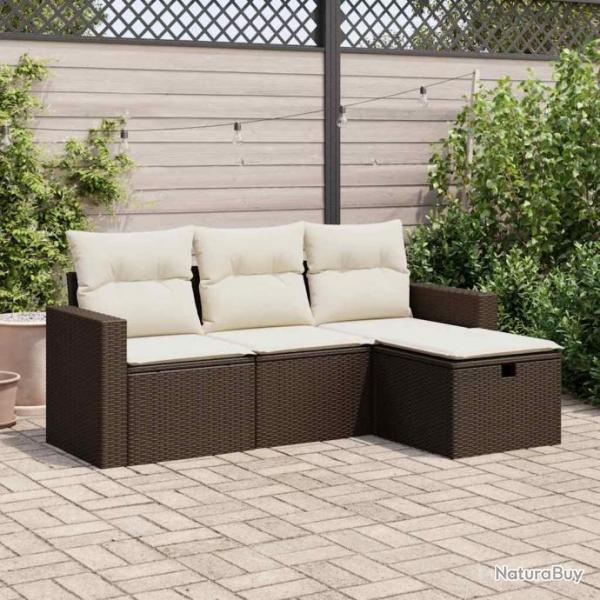 Salon de jardin 4 pcs avec coussins marron rsine tresse