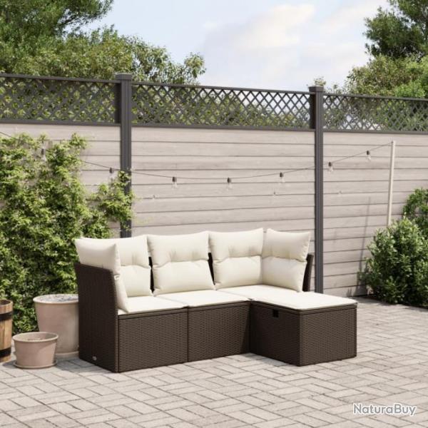 Salon de jardin 4 pcs avec coussins marron rsine tresse