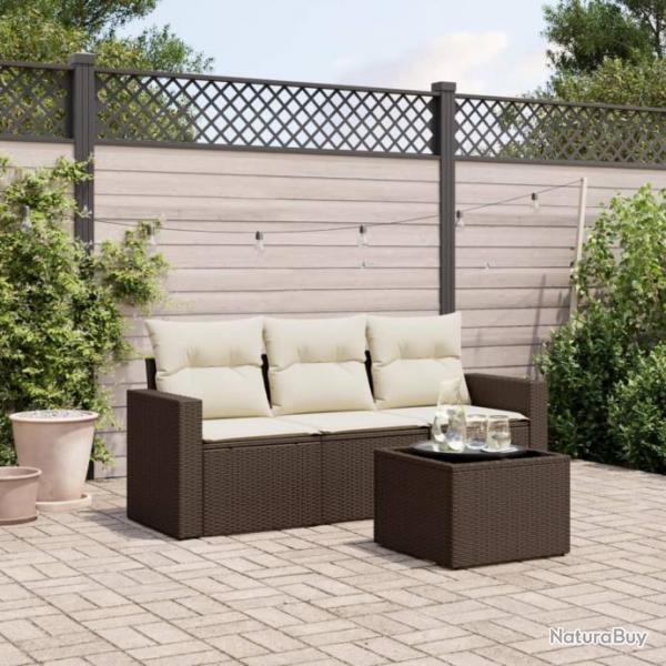 Salon de jardin 4 pcs avec coussins marron rsine tresse