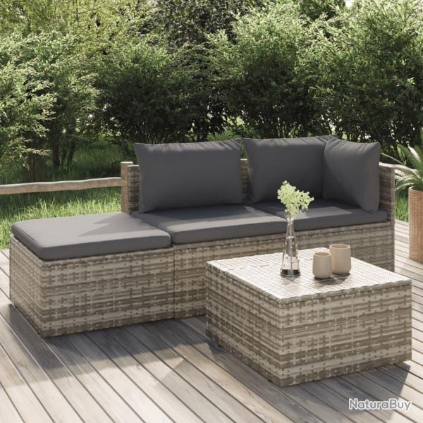 Salon de jardin 4 pcs avec coussins Gris Rsine tresse alsavelo