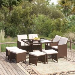 Ensemble à manger de jardin et coussins 9 pcs Poly rotin Marron alsavelo