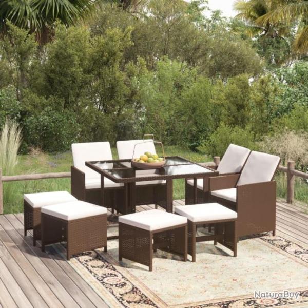 Ensemble  manger de jardin et coussins 9 pcs Poly rotin Marron