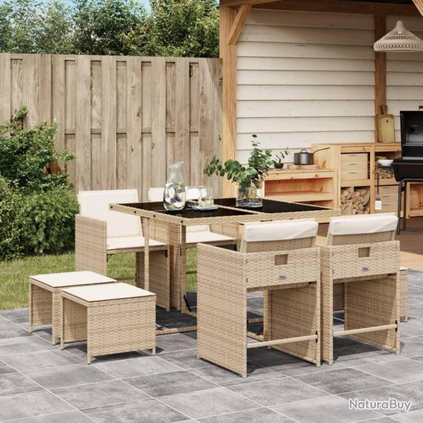 Ensemble  manger de jardin et coussins 9 pcs beige Poly rotin alsavelo
