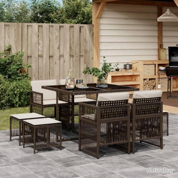 Ensemble  manger de jardin et coussins 9 pcs marron poly rotin alsavelo