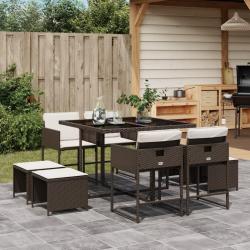Ensemble à manger de jardin et coussins 9 pcs marron poly rotin alsavelo