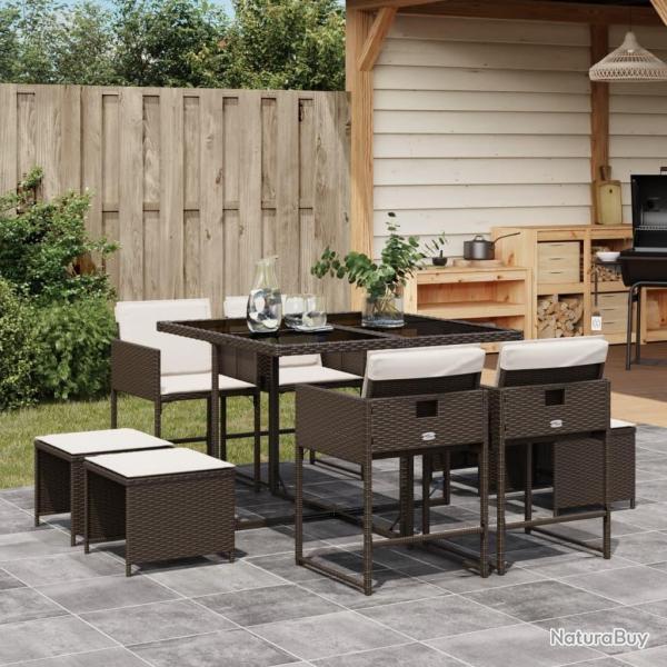Ensemble  manger de jardin et coussins 9 pcs marron poly rotin alsavelo