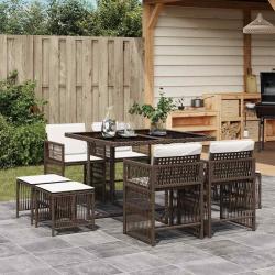 Ensemble à manger de jardin et coussins 9 pcs marron poly rotin alsavelo
