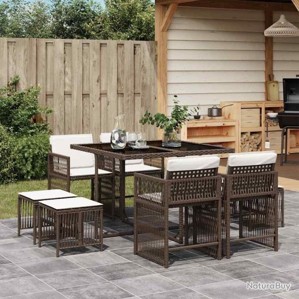 Ensemble  manger de jardin et coussins 9 pcs marron poly rotin alsavelo