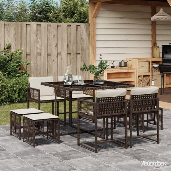 Ensemble  manger de jardin et coussins 9 pcs marron poly rotin alsavelo
