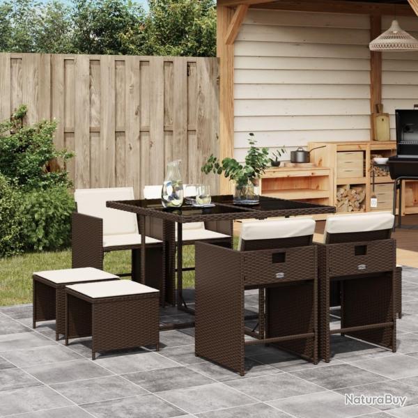 Ensemble  manger de jardin et coussins 9 pcs marron poly rotin alsavelo