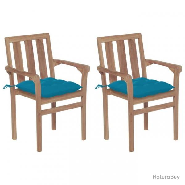 Chaises de jardin lot de 2 avec coussins bleu clair Teck massif alsavelo