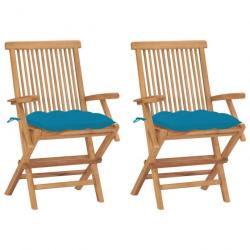 Chaises de jardin lot de 2 avec coussins bleu clair Teck massif alsavelo