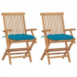 Chaises de jardin lot de 2 avec coussins bleu clair Teck massif alsavelo