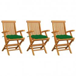 Chaises de jardin avec coussins vert lot de 3 Bois teck massif alsavelo