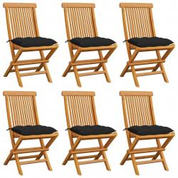 Chaises de jardin et coussins noir lot de 6 Bois de teck massif alsavelo
