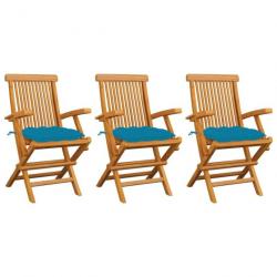 Chaises de jardin avec coussins bleu clair lot de 3 Teck massif