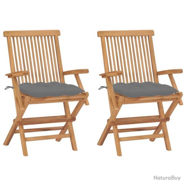 Chaises de jardin avec coussins gris lot de 2 Bois teck massif alsavelo