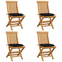 Chaises de jardin et coussins noir lot de 4 Bois de teck massif