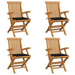 Chaises de jardin et coussins noir lot de 4 Bois de teck massif alsavelo