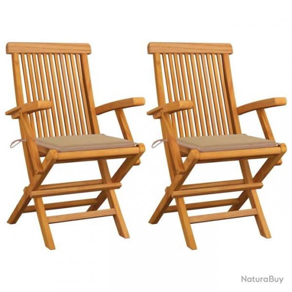 Chaises de jardin et coussins beige lot de 2 Bois teck massif