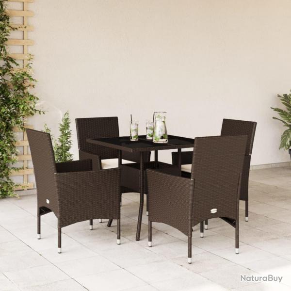 Ensemble  manger de jardin et coussins 5pcs marron rotin verre alsavelo