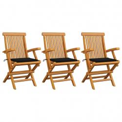 Chaises de jardin avec coussins noir lot de 3 Bois teck massif alsavelo