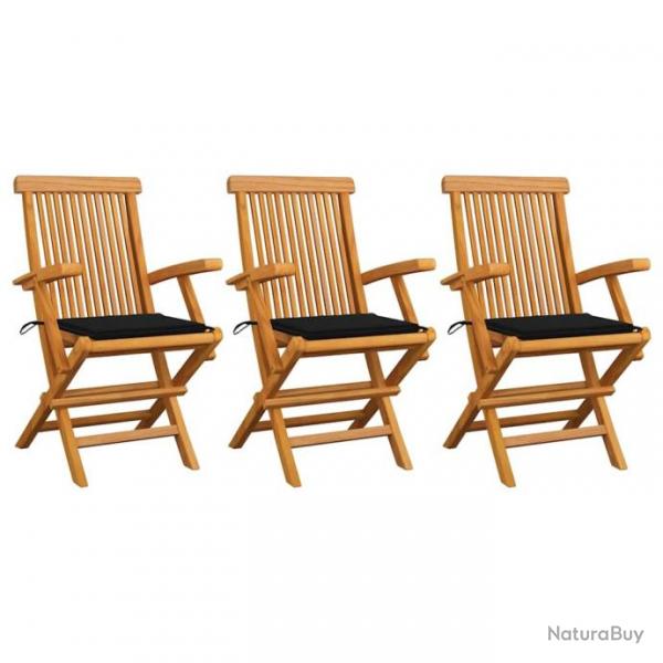 Chaises de jardin avec coussins noir lot de 3 Bois teck massif