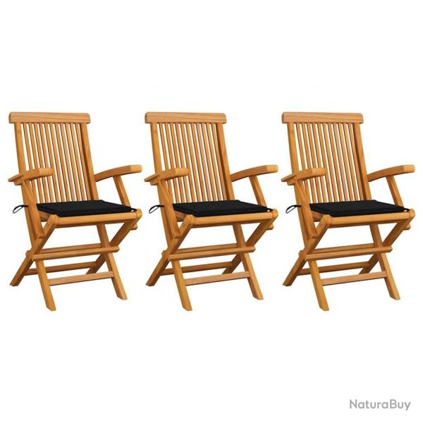 Chaises de jardin avec coussins noir lot de 3 Bois teck massif alsavelo