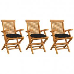 Chaises de jardin avec coussins noir lot de 3 Bois teck massif alsavelo