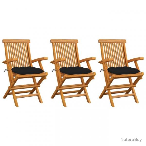 Chaises de jardin avec coussins noir lot de 3 Bois teck massif