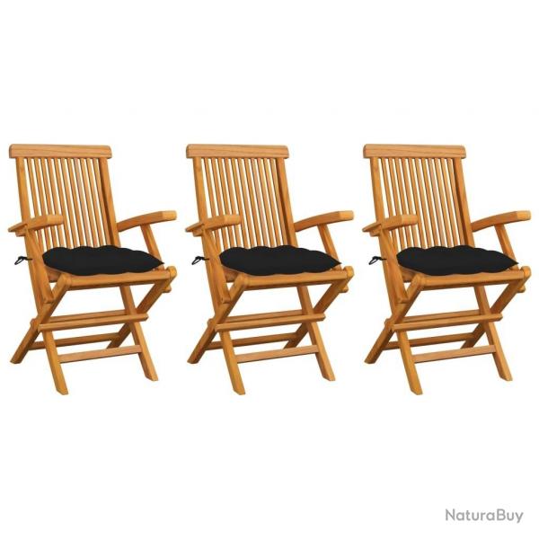 Chaises de jardin avec coussins noir lot de 3 Bois teck massif alsavelo