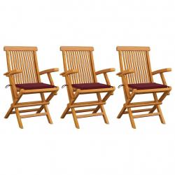 Chaises de jardin avec coussins rouge bordeaux lot de 3 Teck alsavelo