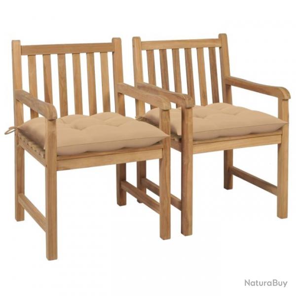 Chaises de jardin lot de 2 et coussins beige Bois teck massif alsavelo