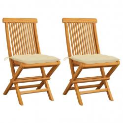 Chaises de jardin lot de 2 et coussins blanc crème Teck massif alsavelo