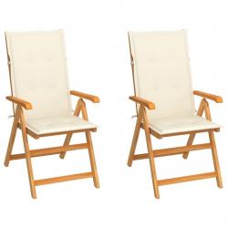 Chaises de jardin lot de 2 et coussins crème Bois teck massif alsavelo