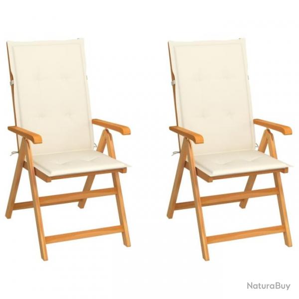 Chaises de jardin lot de 2 et coussins crme Bois teck massif alsavelo