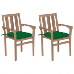 Chaises de jardin lot de 2 et coussins vert Bois de teck massif