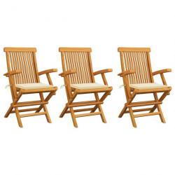 Chaises de jardin avec coussins crème lot de 3 Bois teck massif alsavelo