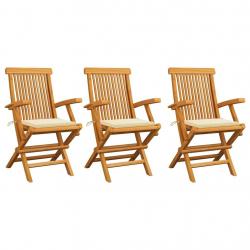 Chaises de jardin avec coussins crème lot de 3 Bois teck massif alsavelo