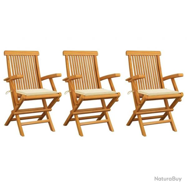 Chaises de jardin avec coussins crme lot de 3 Bois teck massif alsavelo
