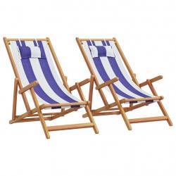 Chaises de plage pliantes lot de 2 bleu blanc tissu bois massif alsavelo