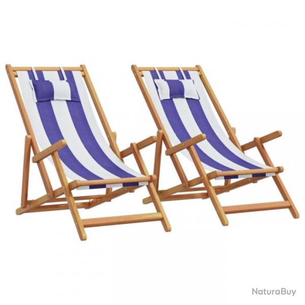 Chaises de plage pliantes lot de 2 bleu blanc tissu bois massif alsavelo