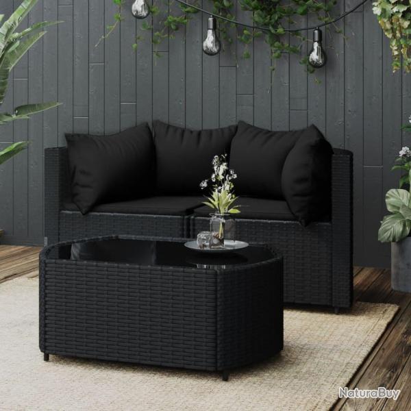 Salon de jardin 3 pcs avec coussins Noir Rsine tresse alsavelo