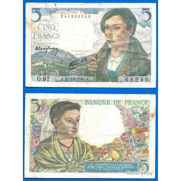 France 5 Francs 1943 23 Dcembre Billet Berger Franc Frcs Frc Frs