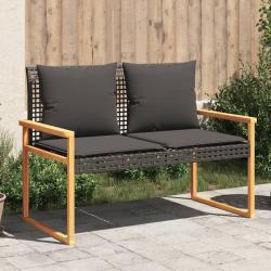 Banc de jardin avec coussin noir résine tressée et acacia alsavelo