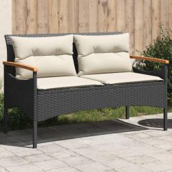 Banc de jardin avec coussins 116x62,5x74 cm noir r&eacute;sine tress&eacute;e
