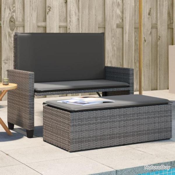 Banc de jardin avec coussins et repose-pied gris rsine tresse