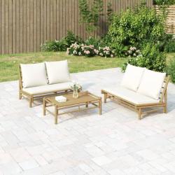 Banc de jardin avec coussins blanc crème bambou